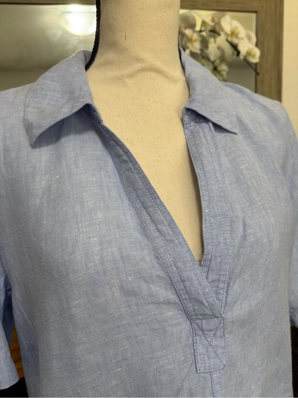 J.Crew popover blue coastal bungalow solid color 100% linen BY694 medium - Picture 2 of 10